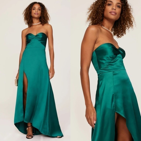 Elle Zeitoune Magnolia Dress Strapless High Slit Satin Gown Maxi Green Medium - Picture 1 of 15
